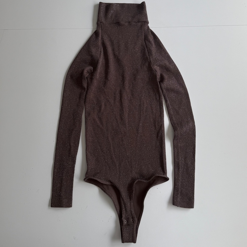 Free People Brown Glitter Sparkle Mock Neck Long Sleeve Bodysuit Sz Medium Large